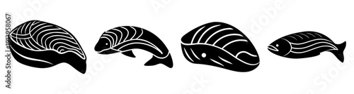 Fresh raw salmon fillets black and white minimalist illustration isolated on white background