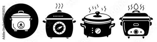 Set of four modern electric slow cookers with steam icons isolated on white background for cooking recipes