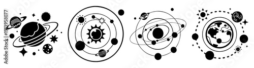 Hand drawn solar system planets orbiting sun with stars and cosmic doodles vector illustration set