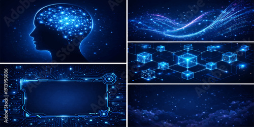 An abstract blue vector illustration of a dark night sky with glowing stars and bright galaxy lights creates a celestial space background featuring a cosmic moon and planet glow