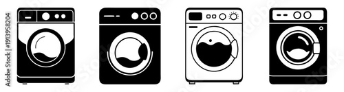 Set of four modern black and silver washing machines isolated on white background for home appliance design