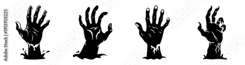 Rising zombie hands emerging from dark ground horror Halloween concept vector illustration isolated black background