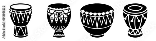 Set of four traditional African djembe drums black and white vector illustration isolated on white background