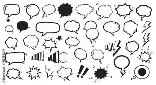 Collection of black comic speech bubbles, stars, and exclamation marks on Transparent Background, ideal for graphic design projects.