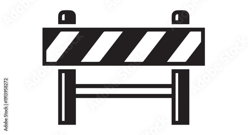 Black and white graphic of a road barrier or construction sign on a stand, symbolizing obstruction or warning.