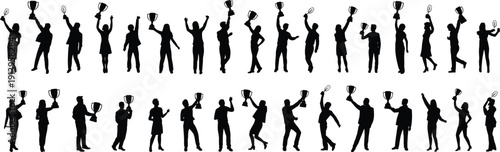 Black silhouette collection of athletes holding trophies and tennis rackets in celebratory poses, perfect for sports victory, competition, awards, and graphic design projects