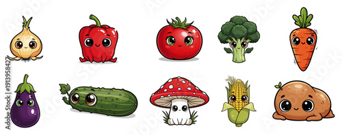 Cute kawaii vegetable characters set with funny faces, cartoon garden veggies collection, healthy food mascot illustrations, vector onion pepper tomato broccoli carrot eggplant mushroom