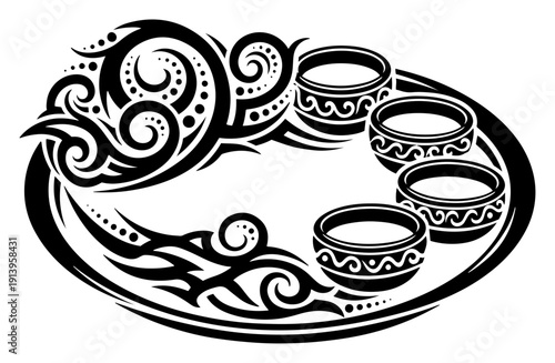 Tribal ornamental frame with bowls and swirl patterns, black and white decorative vector design for spa or meditation, ethnic border illustration with ceramic vessel elements