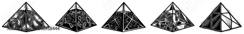 Geometric pyramid illustrations with abstract patterns, mystical triangle shapes set, scientific crystal prism structures, architectural sacred geometry vector elements, modern art graphics