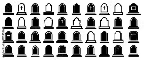 Tombstone icons collection, halloween gravestone silhouettes set, cemetery headstone vector elements, spooky graveyard burial markers, death and memorial symbols for design