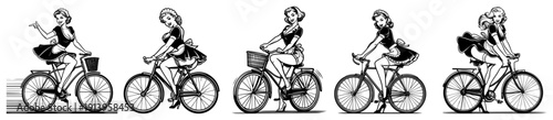 Pinup girl on bicycle set, vintage retro woman riding bike illustrations, 1950s style cycling lady silhouettes, classic pin-up fashion vector, summer leisure activity graphics