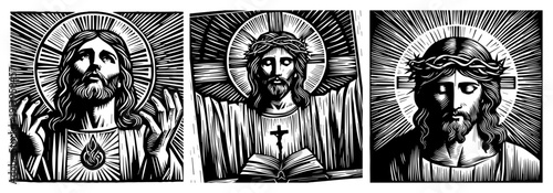 Jesus Christ portrait set, religious spiritual woodcut illustrations, lord savior face with crown of thorns, christian faith and prayer vector art, sacred heart and divine light graphics
