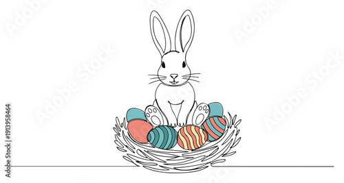 Easter bunny sitting in a nest with colorful decorated eggs illustration, cute rabbit line art for spring holiday design, vector outline mascot, easter celebration element