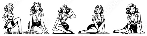 Retro pin-up girls silhouettes collection, vintage woman fashion poses set, classic 1950s lady illustrations, glamour female characters for design, black and white vector graphics