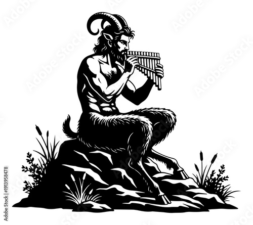 Mythological satyr playing pan flute on a rock illustration, faun woodcut style silhouette, ancient greek mythology creature vector, pagan nature god character design