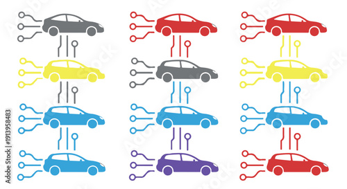 Colorful infographic of cars with circuit board connections representing technology and innovation in automotive industry.