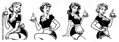 Vintage pin-up waitress silhouettes set serving coffee and tea, 1950s retro woman server illustrations, classic diner staff vector elements, glamour lady catering graphics