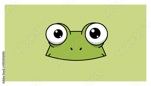 Cute frog head illustration with big eyes, kawaii green toad face vector, cartoon amphibian mascot for kids design, simple animal character graphic
