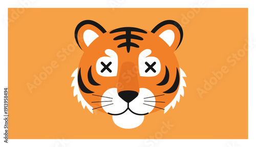 Tiger head illustration with X eyes, cool orange big cat face vector, dizzy tiger character, cartoon jungle animal mascot for modern design