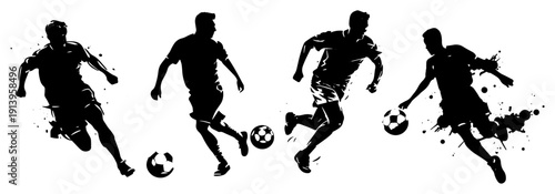 Soccer players silhouettes set with ink splatters, football athletes in action poses, dynamic sports people collection, vector soccer competition illustrations for design