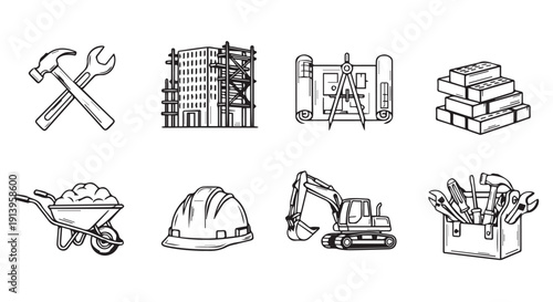 Detailed construction icons set including tools, building, and machinery on Transparent Background, perfect for industry and architecture projects.