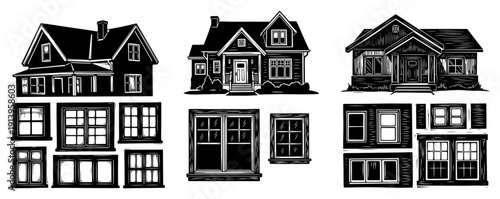 Suburban houses and window design elements set, residential building silhouettes and architectural facade collection, home construction vector illustrations for real estate