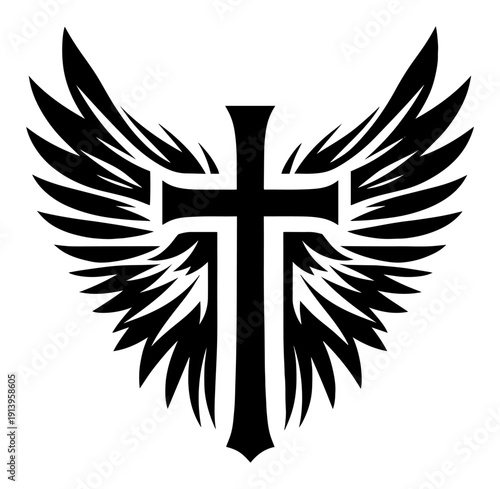 Christian cross with wings silhouette, religious spiritual symbol illustration, flying angel wings and holy crucifix vector art, faith and grace design element