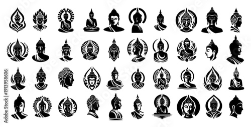 Buddha icons and silhouettes collection set, spiritual meditation and zen buddhism vector illustrations, religious asian deity poses for spa and wellness design