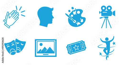 Collection of blue icons representing various aspects of arts and entertainment, including film, theater, and visual arts.