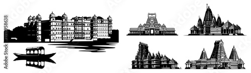 Indian historical architecture silhouettes set, traditional monuments and temples collection, Taj Mahal style palace and Hindu Gopuram vector, ancient heritage landmarks of India