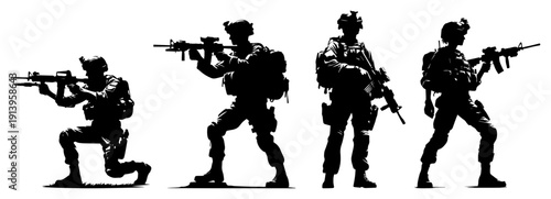 Soldiers and military special forces silhouettes set, army infantry in tactical gear with rifles illustration, combat soldiers action poses vector