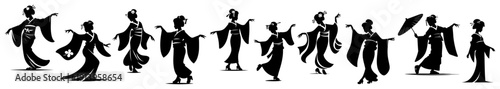 Japanese geisha silhouettes set in traditional kimonos, asian women in yukata with parasol collection, oriental culture and fashion vector illustrations