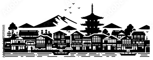 Japanese village landscape silhouette with Mount Fuji, traditional pagoda and oriental houses skyline, zen nature scene with mountains and birds, Japan travel and culture vector design