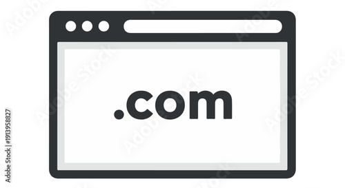 Simple black and white illustration of a web browser window displaying .com domain, symbolizing internet browsing and online presence.
