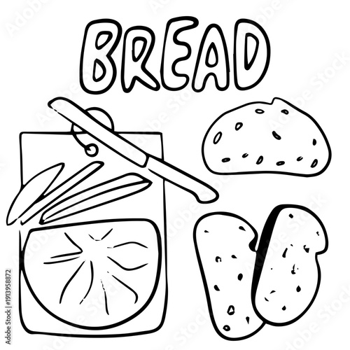 Hand Drawn Doodle of Sliced Bread on Wooden Board with “Bread” Typography Illustration
