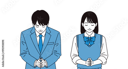 Illustration of a man and woman in formal attire bowing together, symbolizing respect and harmony in a professional or cultural setting.
