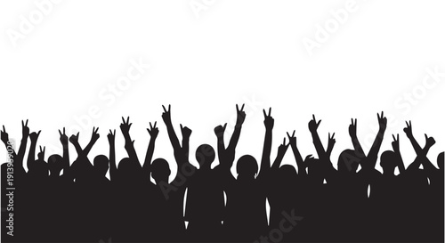 Silhouette of a crowd of people with raised hands making peace signs, symbolizing unity and celebration on a Transparent Background.