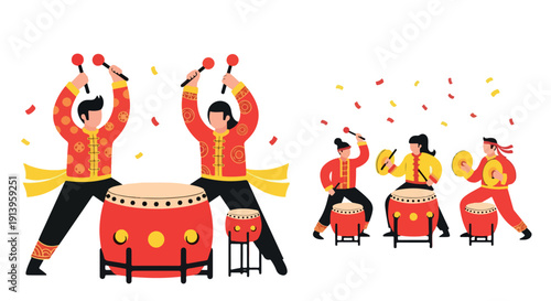 Illustration of a group of people playing drums and cymbals with confetti in a vibrant, celebratory scene.