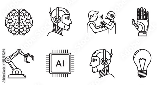 Black line icons of artificial intelligence concepts including brain, robotic heads, human interaction, microchip, and lightbulb on Transparent Background.