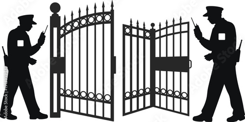 PrintvBlack silhouette of two security guards in uniform with walkie talkies guarding an iron gate on white background