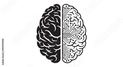 Illustration of a human brain divided into two halves, one representing human thought and the other artificial intelligence circuitry.