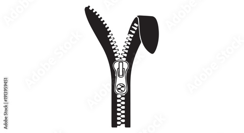 Black and white illustration of an open zipper on a Transparent Background, ideal for graphic design and fashion concepts.