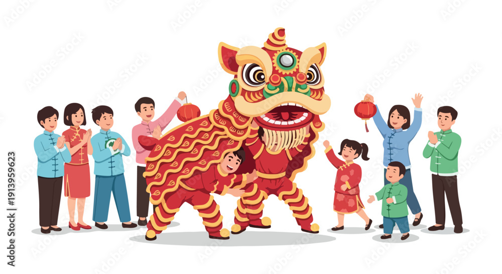Fototapeta premium Illustration of a diverse group of people celebrating with a traditional lion dance performance on a white background with vibrant colors and joyful mood.