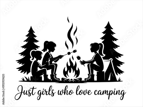 Three girls with ponytails camping, roasting marshmallows by fire under pine trees and tent.