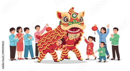 Illustration of a diverse group of people celebrating with a traditional lion dance performance on a white background with vibrant colors and joyful mood.