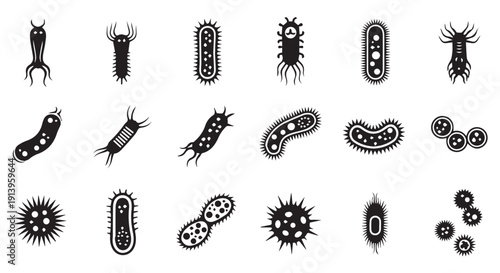 Collection of 18 black bacteria icons on Transparent Background, symbolizing various microorganisms and germs for scientific and medical use.
