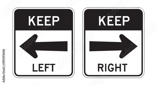 Black and white keep left and keep right road signs with arrows on Transparent Background, indicating direction and traffic rules.