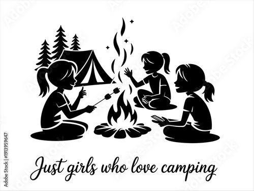 Three girls camping, roasting marshmallows by fire, pine trees and tent frame the scene.