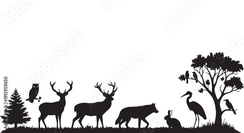 Serene forest scene with silhouetted animals and trees against a Transparent Background, evoking a sense of wildlife harmony and natural beauty.