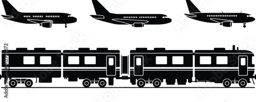 PrintBlack silhouettes of commercial airplanes and a passenger train set for travel and transportation isolated on white backgroundBlack silhouettes of